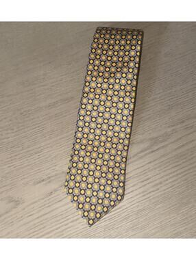 Brooks Brothers 100% Silk Mens Tie Yellow Blue Geometric Circle Link USA 60”